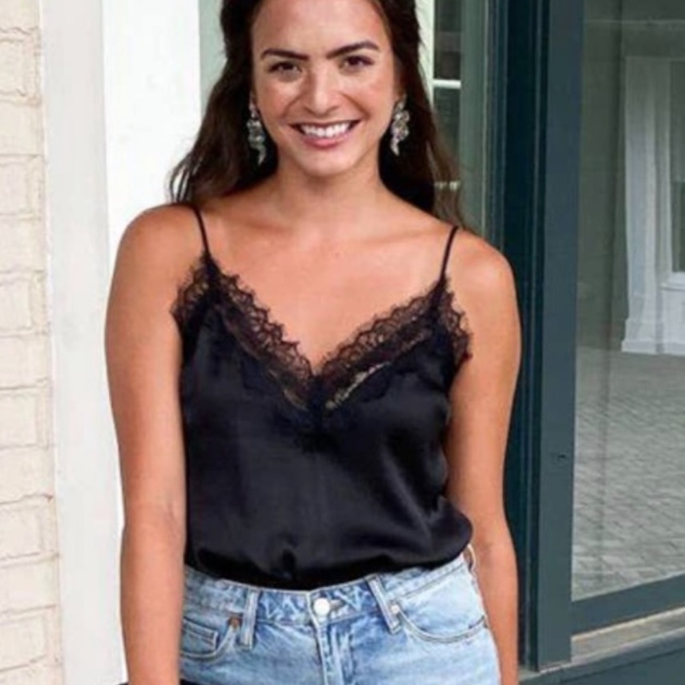 ASTR The Label Lace Trim Cami Bodysuit in Black Size L